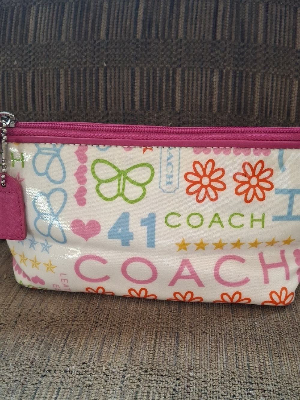 Coach Poppy Womans White Logo Print Cosmetic Pouch with Pink Trim